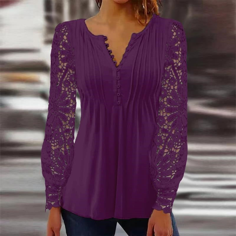 Women's Casual Lace Long-Sleeved V-Neck Top