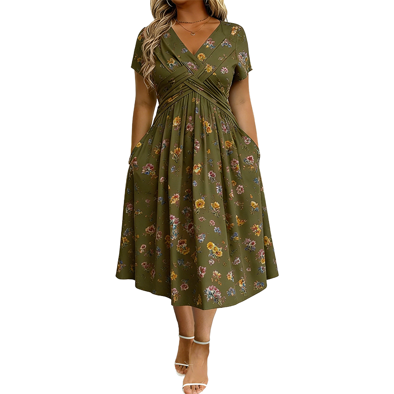Floral V-Neck Midi Dress with Waist Twist