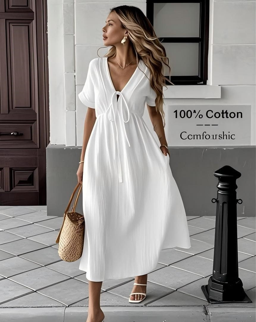 MODA  V-Neck Drawstring Maxi Dress