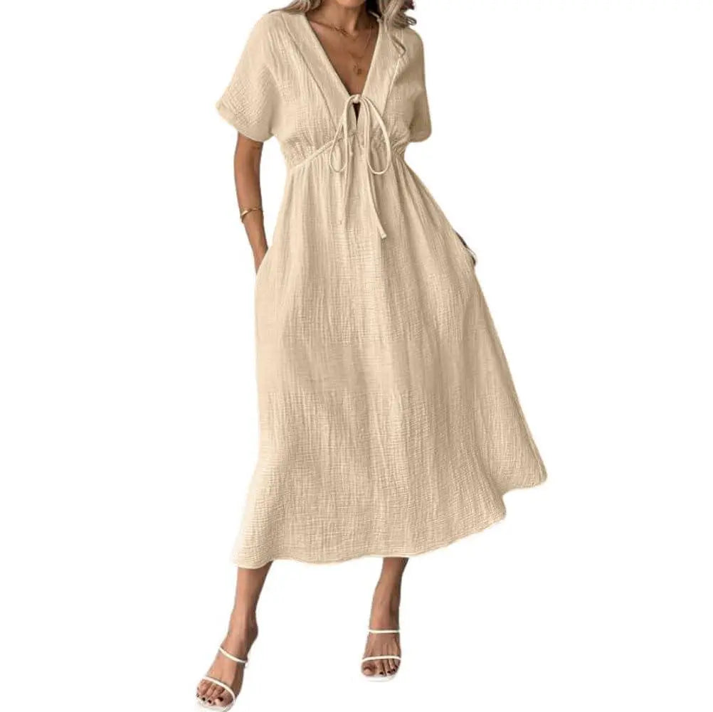 MODA  V-Neck Drawstring Maxi Dress