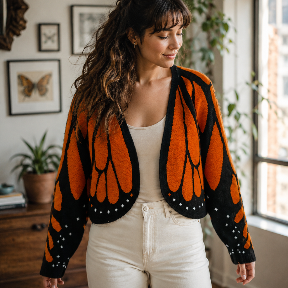 Women's Butterfly Wing Knit Cardigan – Cropped Open-Front Sweater