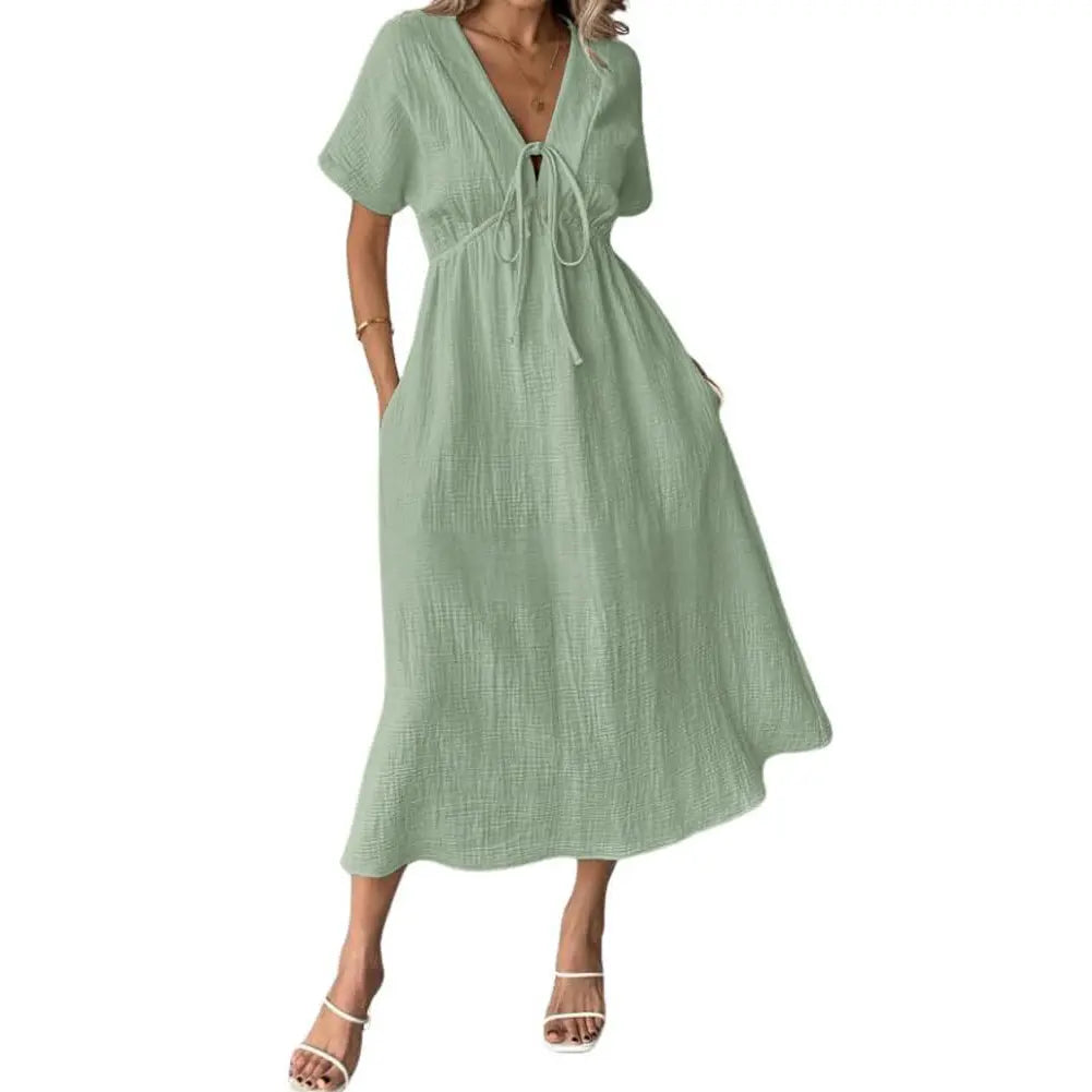 MODA  V-Neck Drawstring Maxi Dress