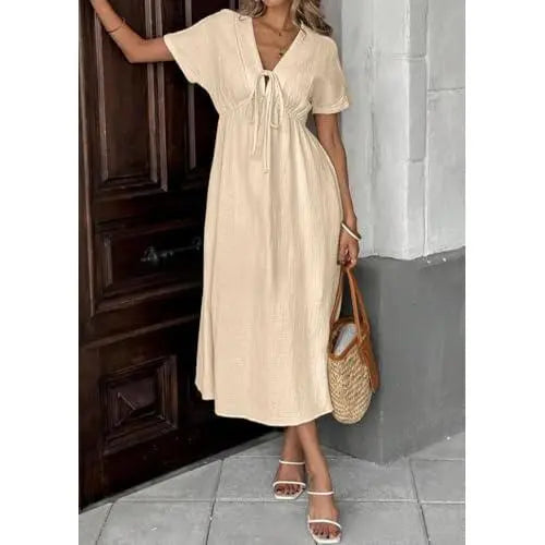 MODA  V-Neck Drawstring Maxi Dress