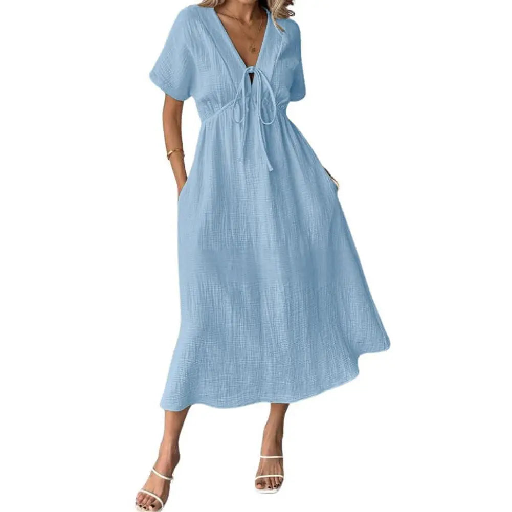 MODA  V-Neck Drawstring Maxi Dress