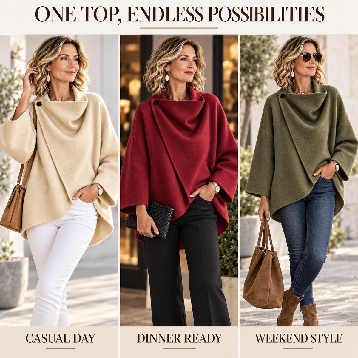 Women's Asymmetrical Button Wrap Collar Poncho