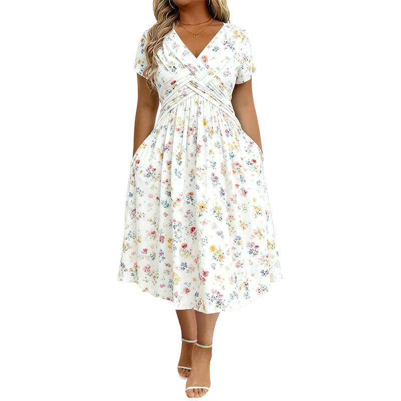Floral V-Neck Midi Dress with Waist Twist
