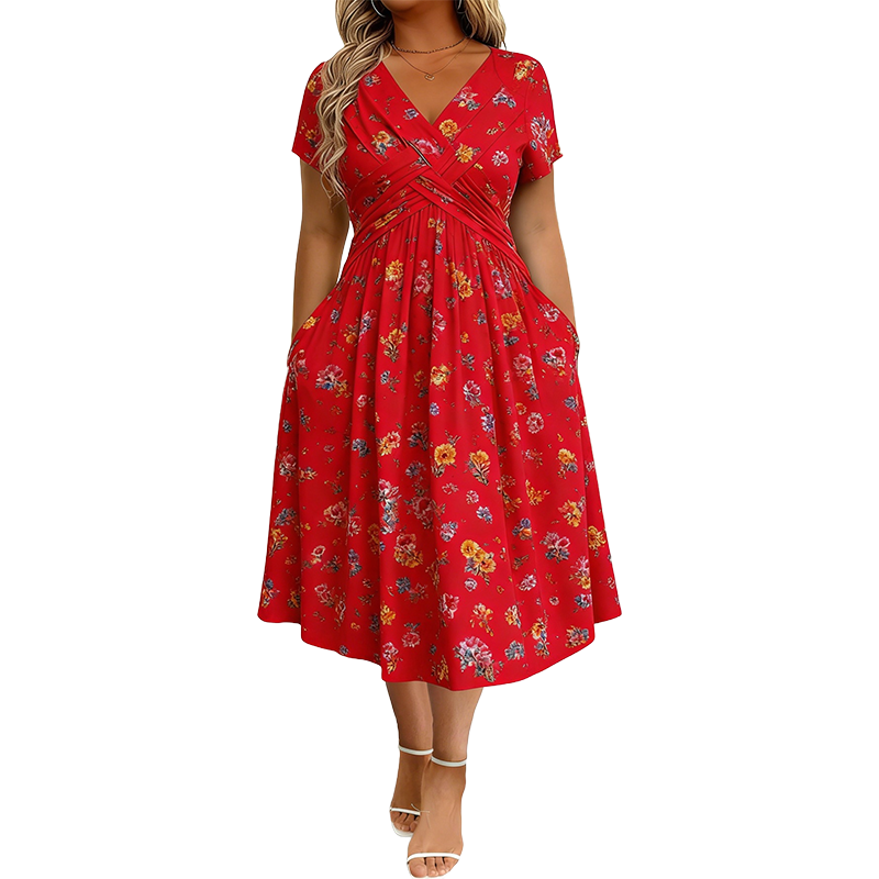 Floral V-Neck Midi Dress with Waist Twist