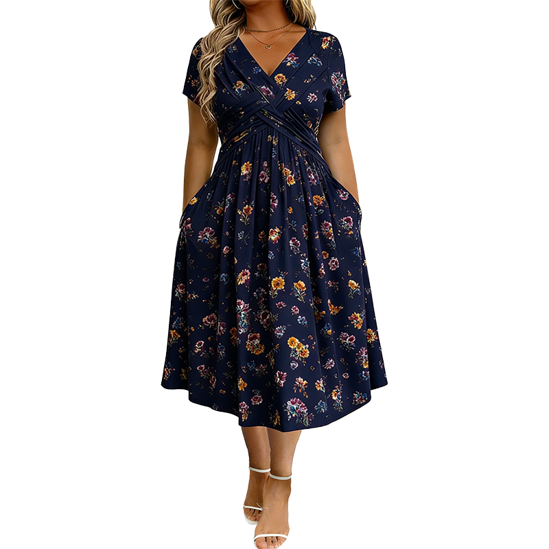 Floral V-Neck Midi Dress with Waist Twist
