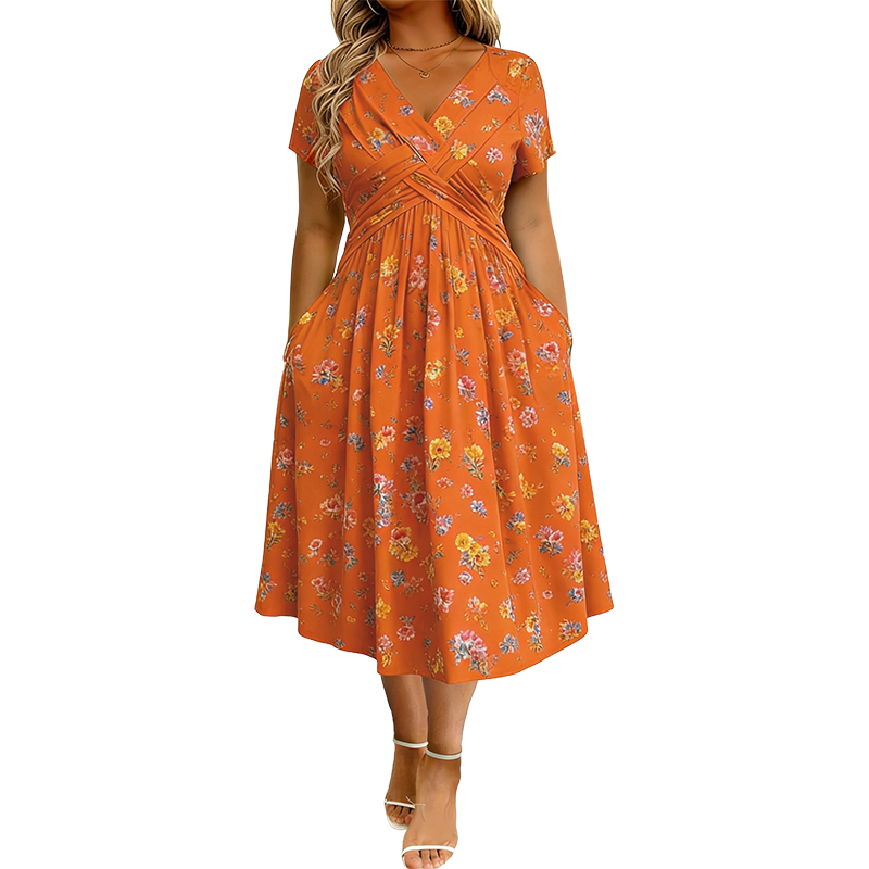 Floral V-Neck Midi Dress with Waist Twist