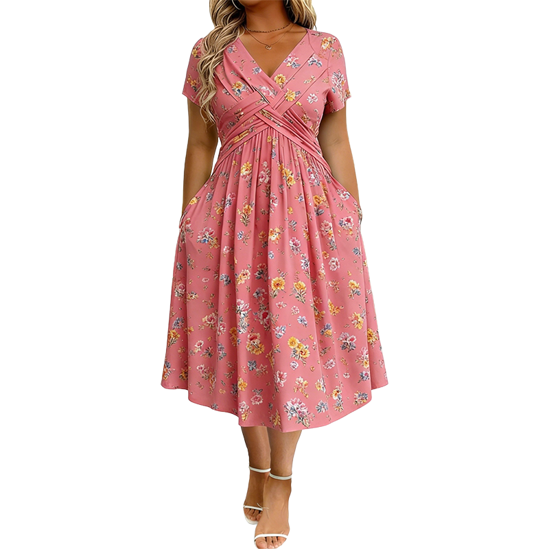Floral V-Neck Midi Dress with Waist Twist