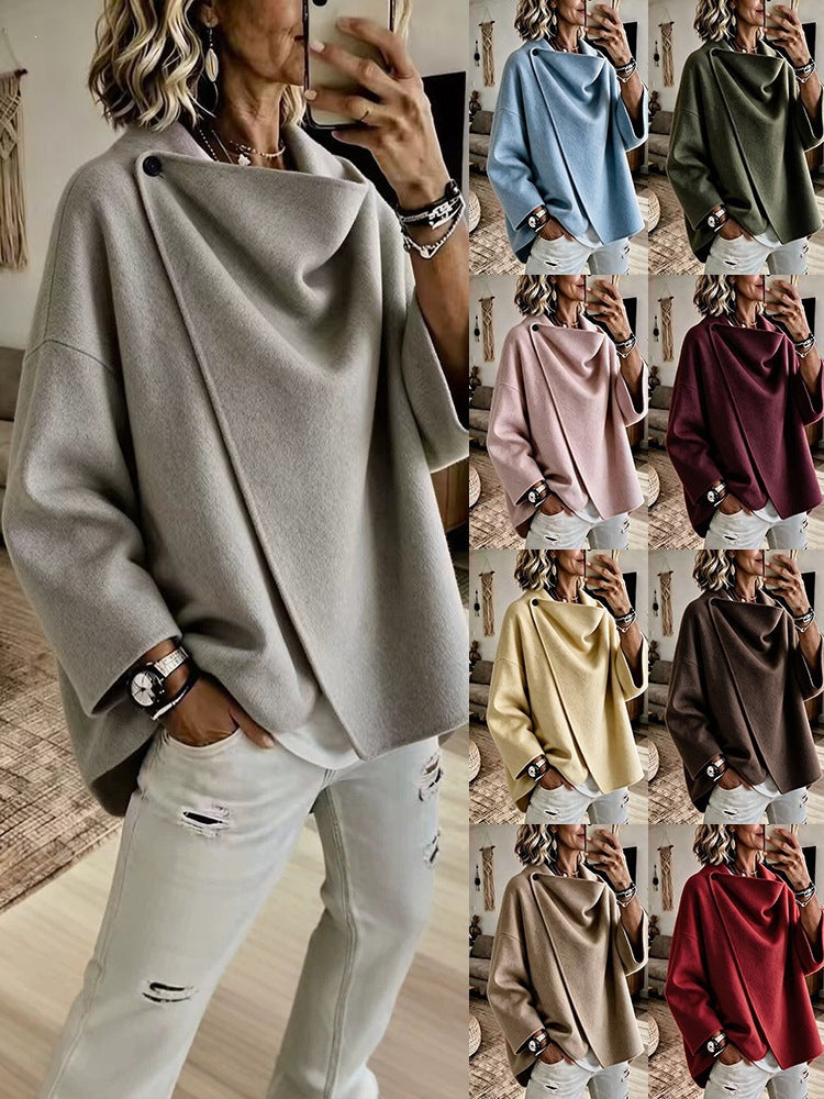 Women's Asymmetrical Button Wrap Collar Poncho