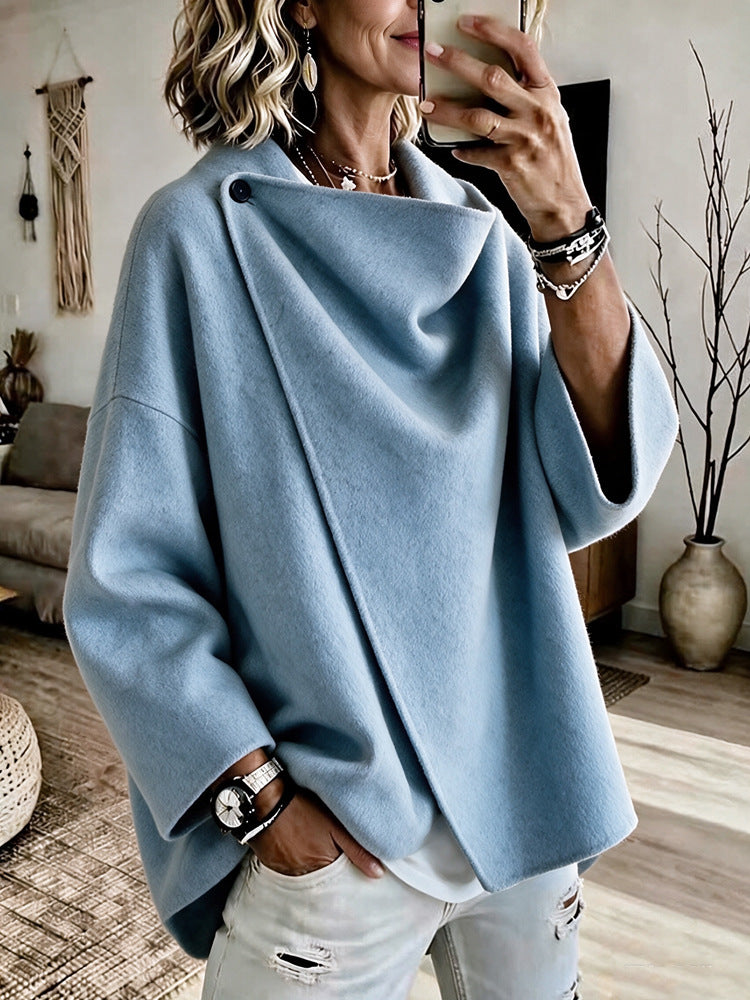 Women's Asymmetrical Button Wrap Collar Poncho
