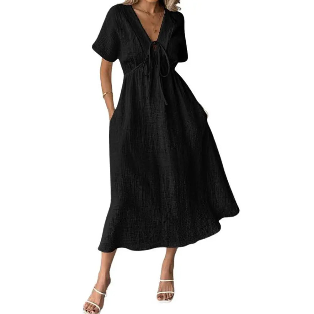 MODA  V-Neck Drawstring Maxi Dress