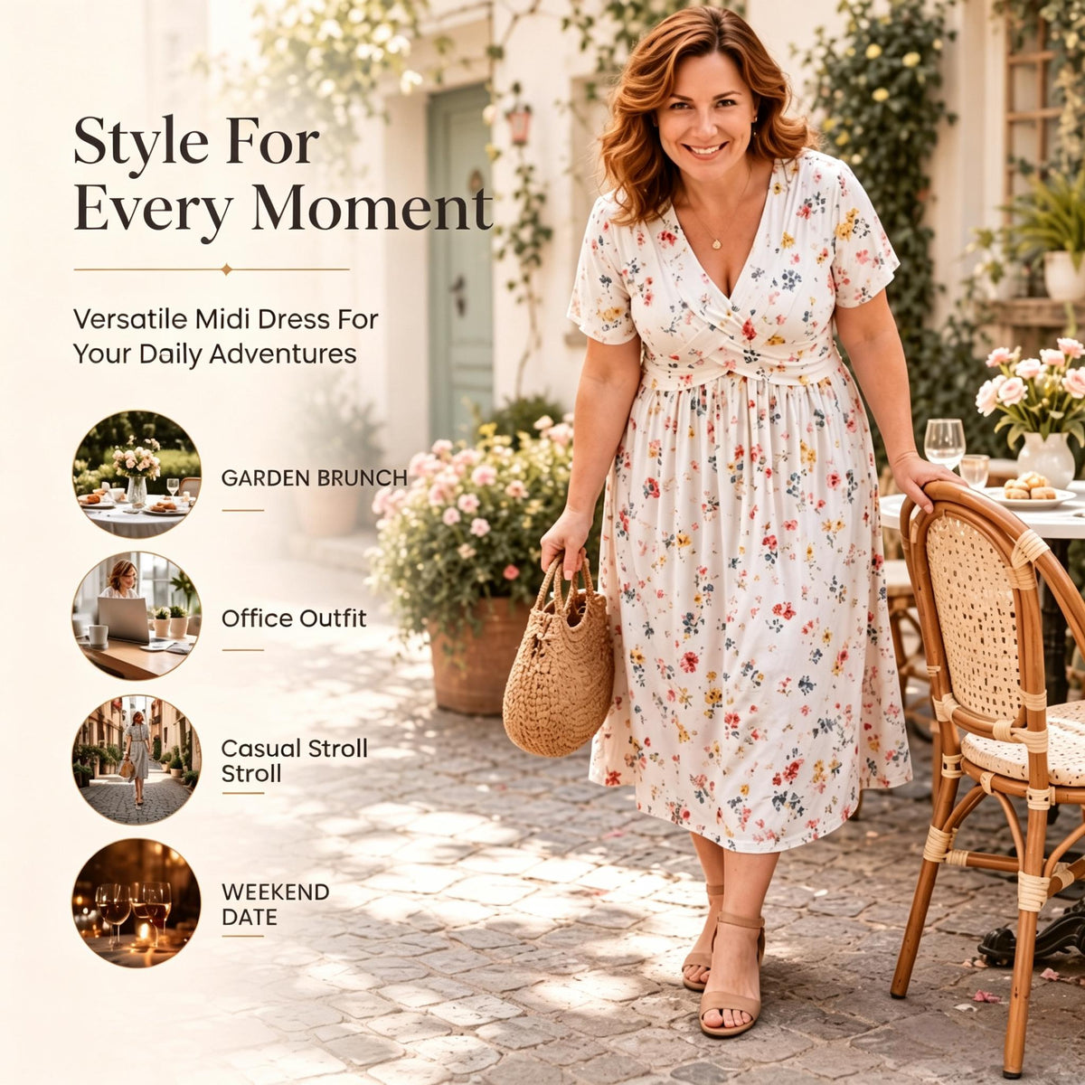 Floral V-Neck Midi Dress with Waist Twist