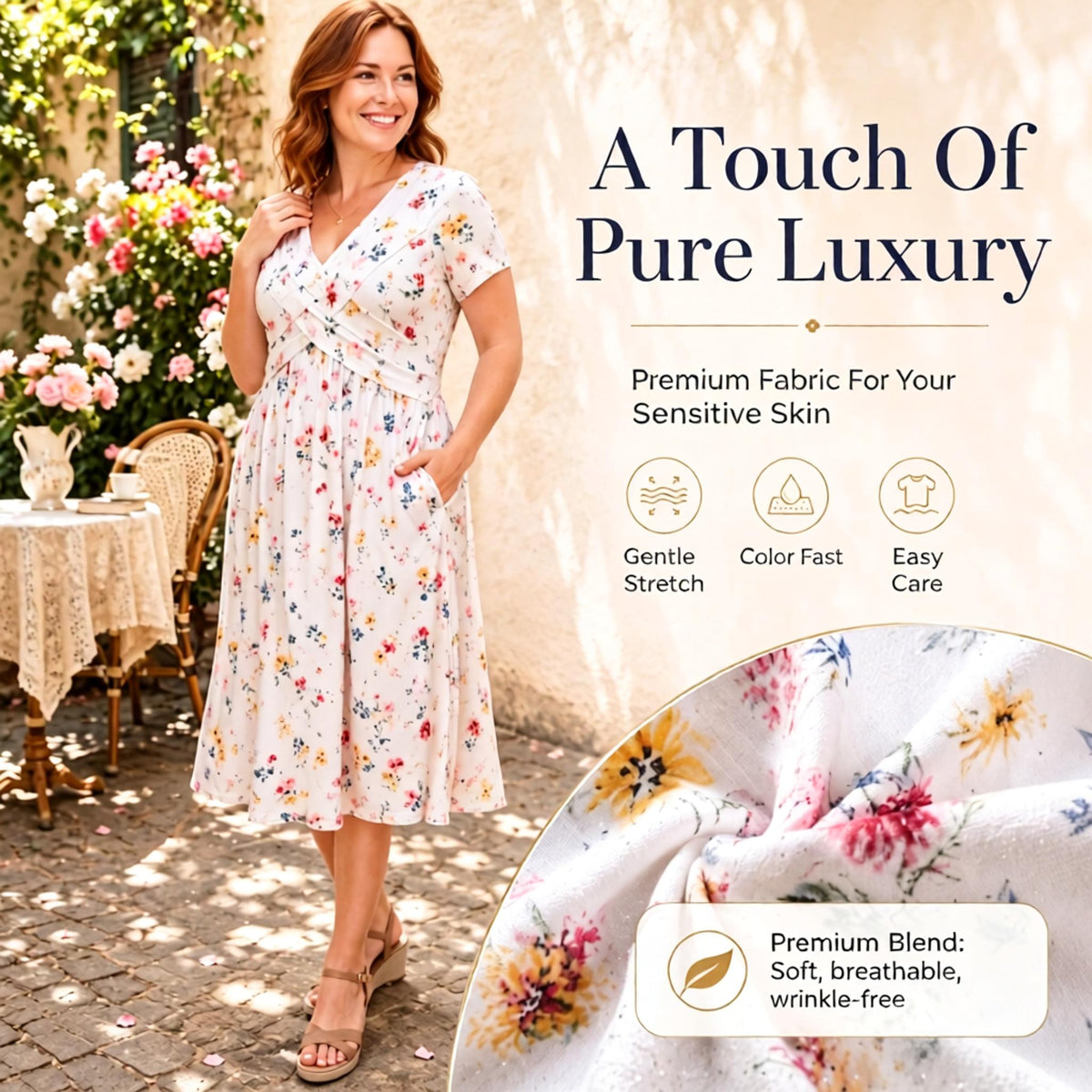 Floral V-Neck Midi Dress with Waist Twist