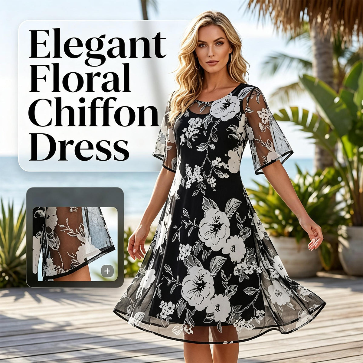 Elegant women's chiffon dress with a floral pattern