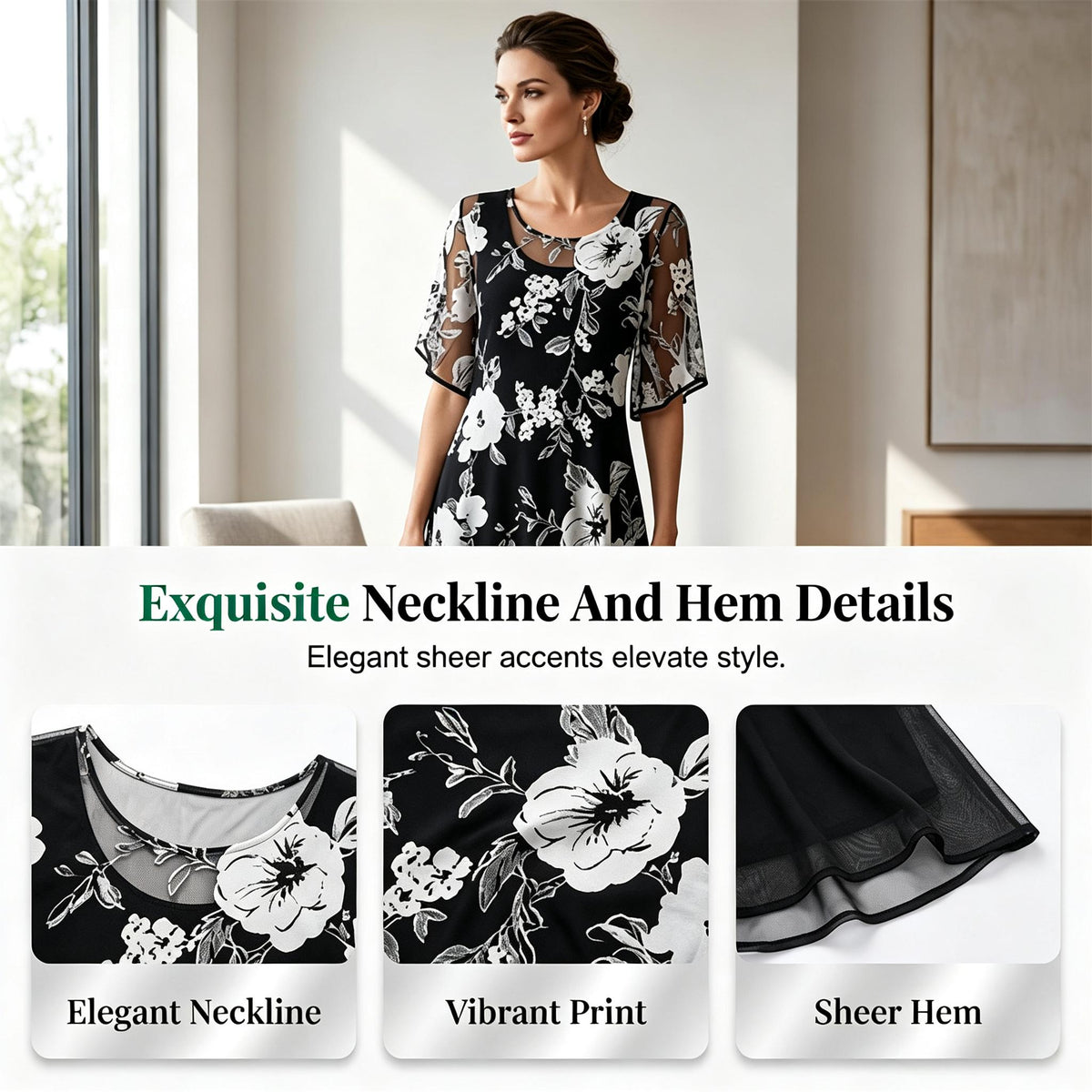 Elegant women's chiffon dress with a floral pattern
