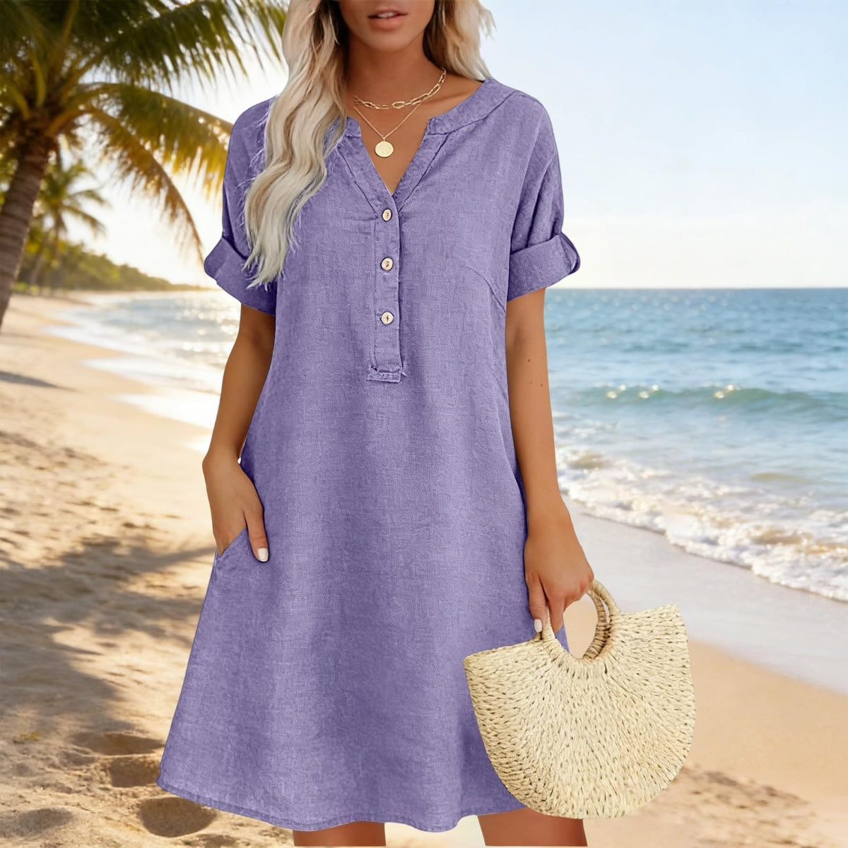🏖️HOT DEAL 50% OFF! 👗 Women's V-Neck Tunic Dress – Relaxed Fit, Pockets & Breathable